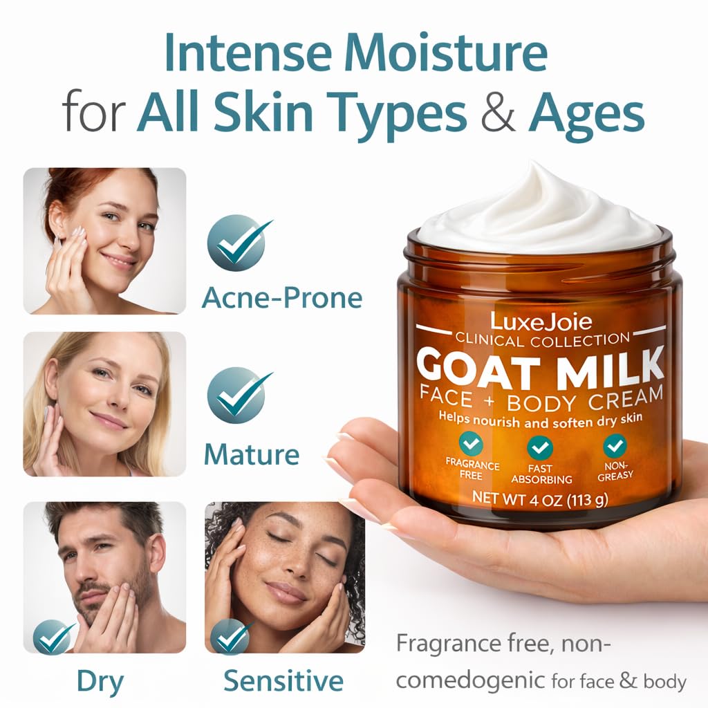 LuxeJoie Goat Milk Face Cream Fragrance Free Moisturizer for Dry & Sensitive Skin Fast Absorbing Non Greasy Hydration Gentle Goat Milk Face & Body Lotion with Shea Butter 16 oz