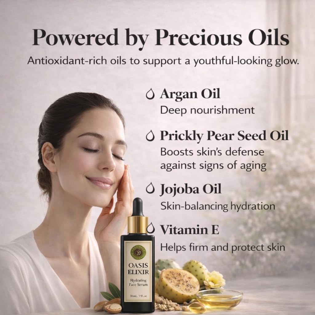 LAYA VERT Oasis Elixir Face Oil Serum, Deep Hydration and Radiant Glow, Fast Absorbing, Non Greasy, Helps Reduce the Look of Fine Lines, Argan and Prickly Pear, Jojoba, Vitamin E, 1 fl oz (30 mL)