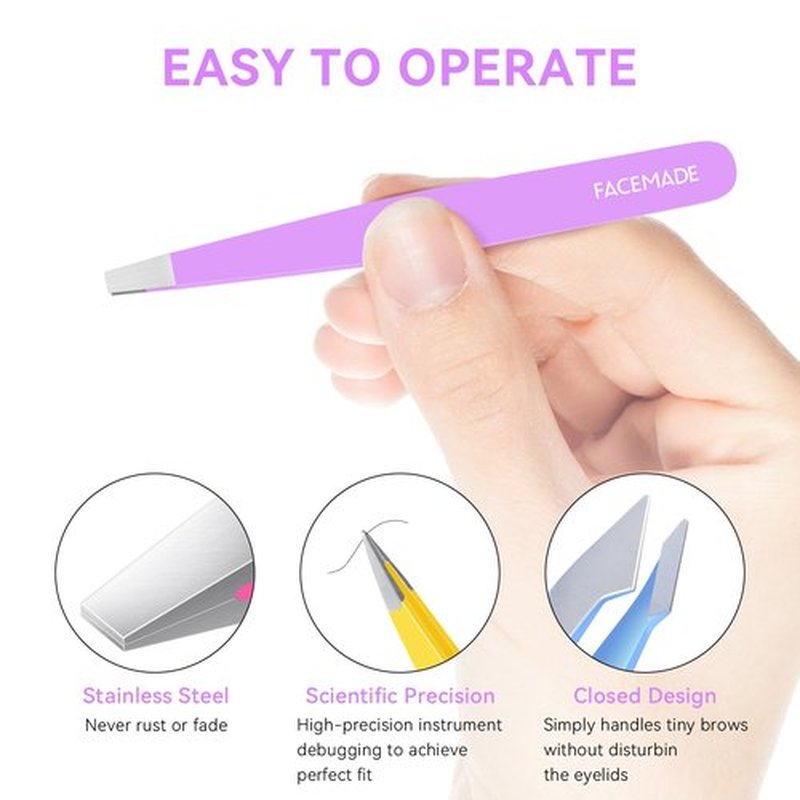 FACEMADE 4 Pack Tweezers Set - Professional Stainless Steel Tweezers for Men and Women, Precision Eyebrow Tweezers for Facial Hair, Chin, and Ingrown Hair Removal (Purple, Rose Red, Yellow & Blue)