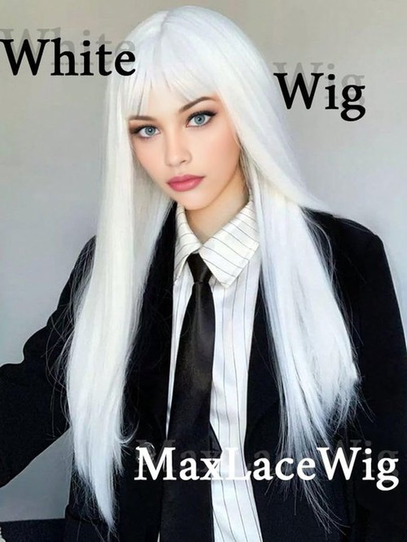 MaxlaceWig White Wig with Bangs for Women, Long 28 Inch Straight White Synthetic Bangs Wig, Natural Looking Heat Resistant Fiber Guleless Wig for Girls Daily Party Use, Halloween Wig Cosplay Wig