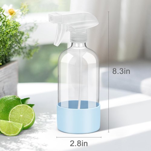 Rionisor Glass Spray Bottles with Silicone Sleeve Protection, Empty 16 oz Refillable Containers, Reusable Spray Bottles with Adjustable Nozzle for Hair, Cleaning Solutions, 3 Pack Blue