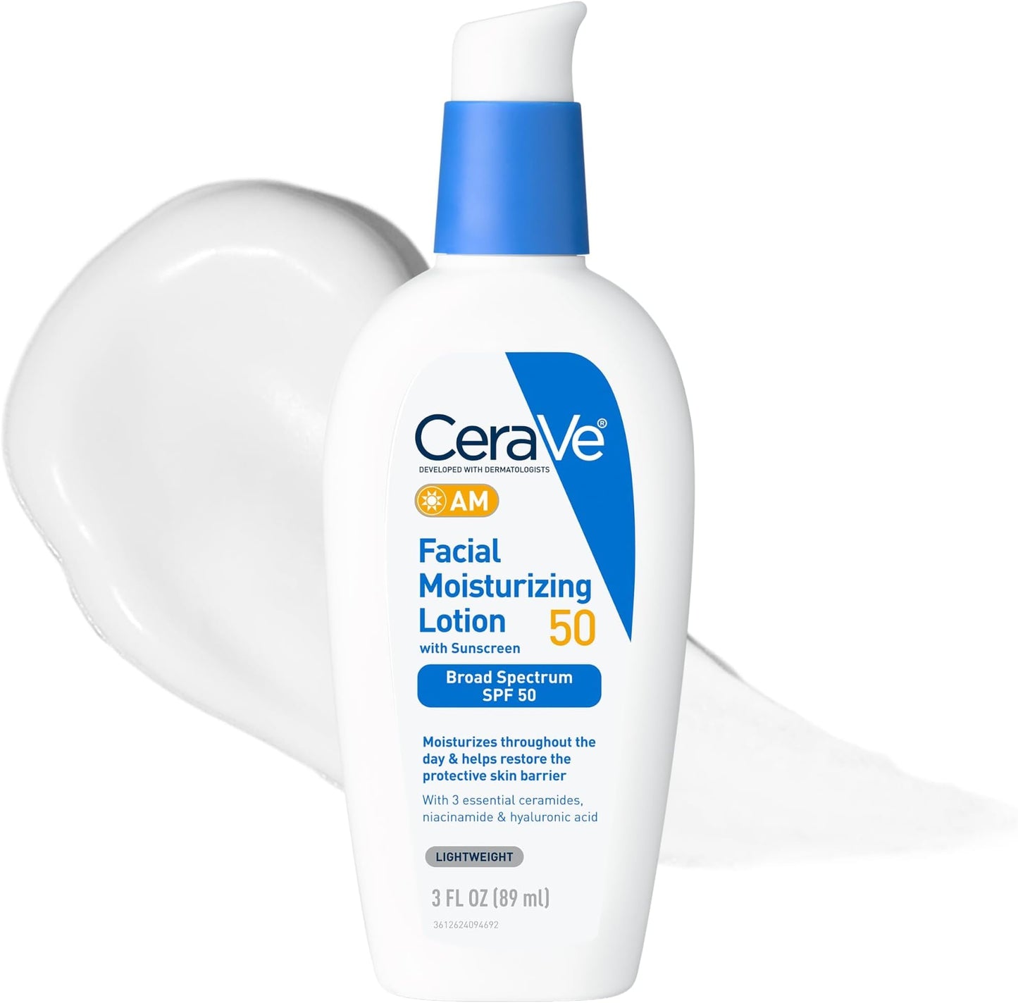 CeraVe AM Facial Moisturizing Lotion SPF 50, Face Moisturizer with SPF, Hyaluronic Acid, Niacinamide & Ceramides, Non-Greasy, Blends Seamlessly With No White Cast, Non Comedogenic Sunscreen, 3 Oz