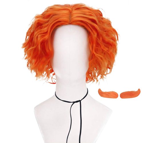 Soyusunny Short Afro Curly Mad Hatter Cosplay Wigs Halloween Party Costume for Women Men with Eyebrow(Light)