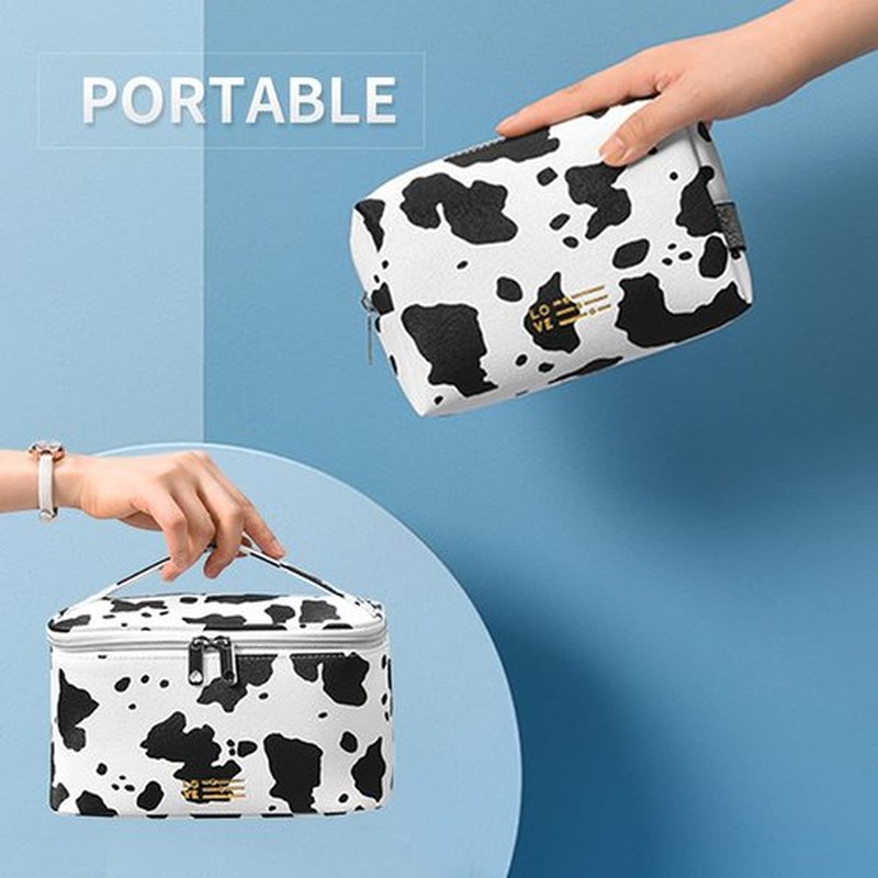 Makeup Bag Portable Travel Cosmetic Bag for Women, Beauty Zipper Makeup Organizer PU Leather Washable Waterproof (Cow Print)