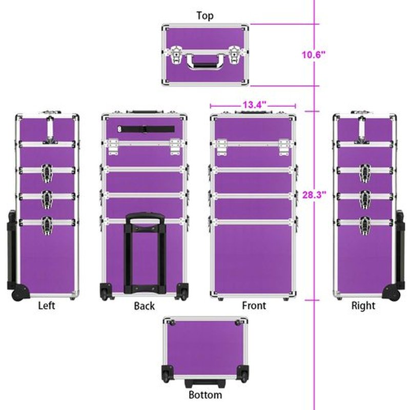OUDMAY Makeup Case 4 in 1 Professional Cosmetics Rolling Train Organizer with Aluminum Frame and Folding Trays Purple