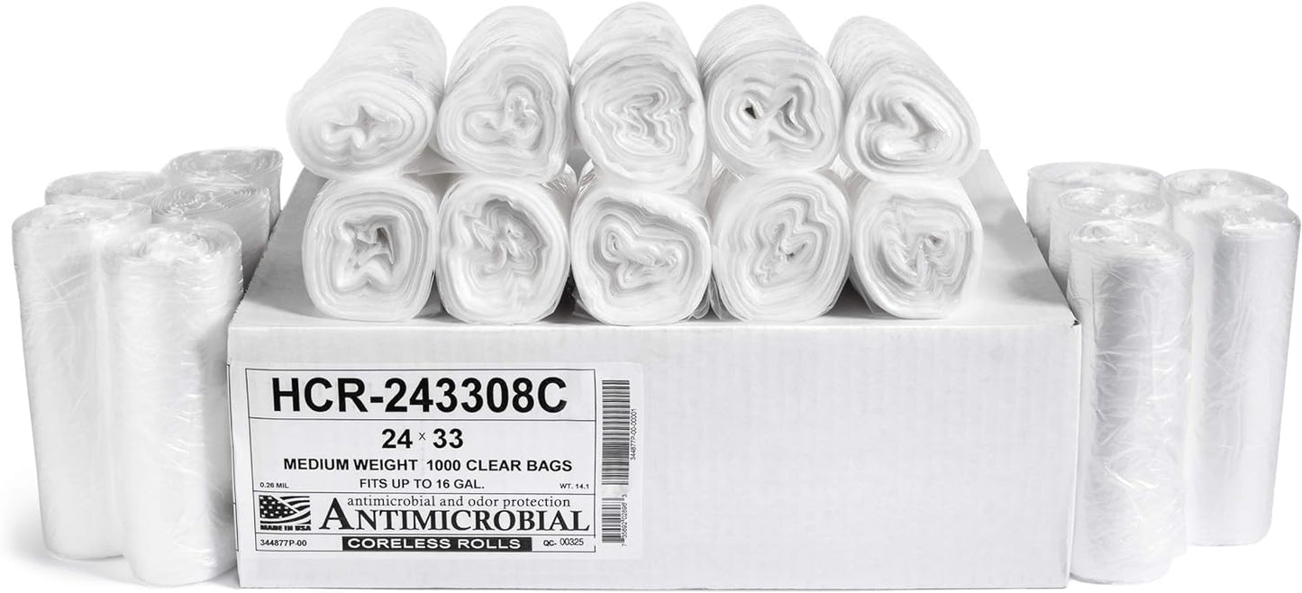 Aluf Plastics High Density Trash Bags, 16 Gallon, 1000 Count, 8 Micron (eq), 24" x 33", Clear, for Bathroom, Office, Industrial, Commercial, Janitorial, Municipal, Recycling