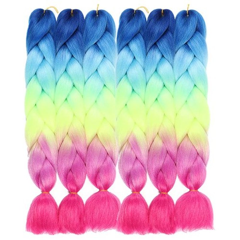 SHUOHAN 6 Packs Ombre Jumbo Braiding Hair Extensions 24 Inch High Temperature Synthetic Fiber Hair Extensions for Box Braids Braiding Hair (blue to light blue to green yellow to light pink to rose)