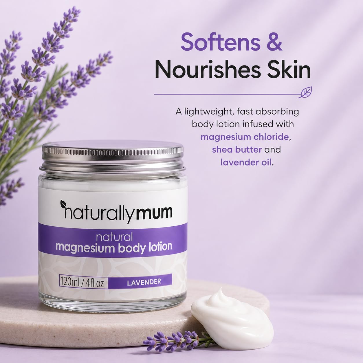 NaturallyMum - Magnesium Body Lotion [NATURAL & VEGAN] - Topical Magnesium Chloride Cream Lotion Support for Sleep, Bone, Heart & Muscle Health - Lavender - Made in UK & Safe for Kids