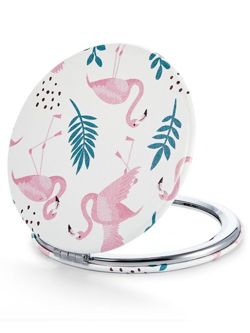 OMIRO 1X/10X(300R) Compact Magnifying Mirror, Unique Painting Pocket Mirror with Classical PU Leather (Round，Pink Flamingos)