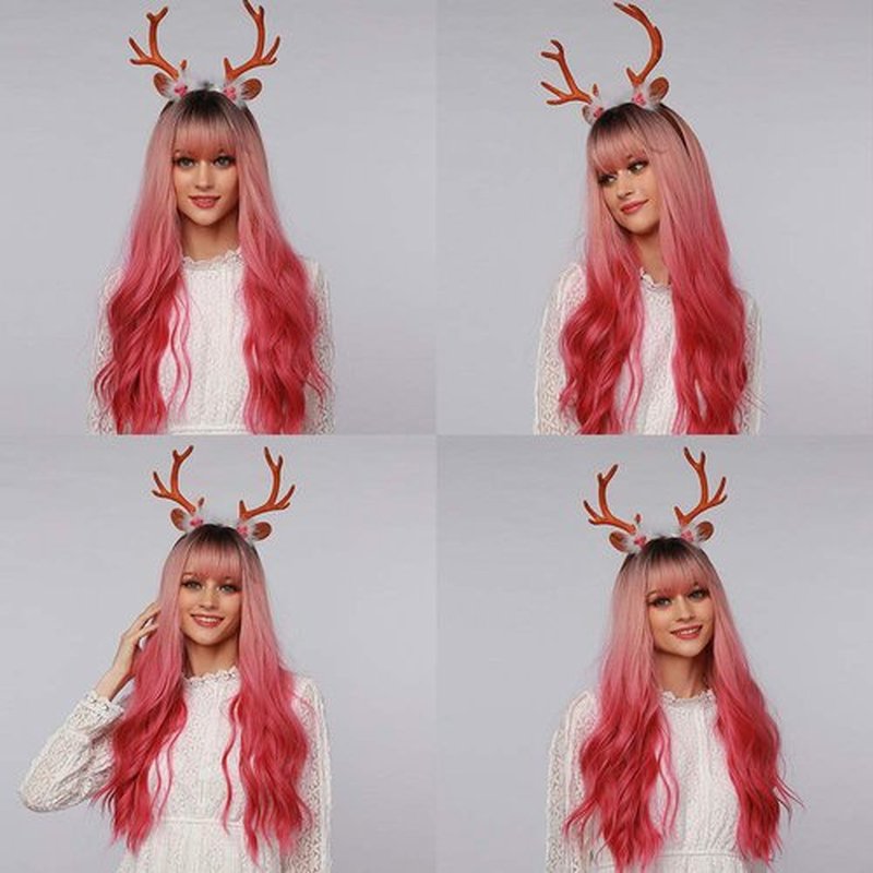 Yupher Ombre Pink Wig with Bangs Long Wavy Wigs for Women Pink Wigs with Bangs Heat Resistant Natural Wavy Synthetic Wigs for Daily Party Cosplay