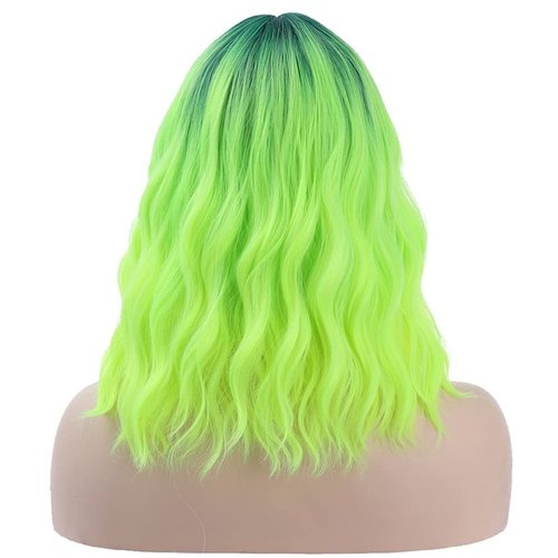 BERON 14 Inches Neon Green Wig Short Curly Wig Lemon Green Wig with Bangs Dark Root Ombre Green Wig Synthetic Wigs Women Girls Ombre Wig with Wig Cap