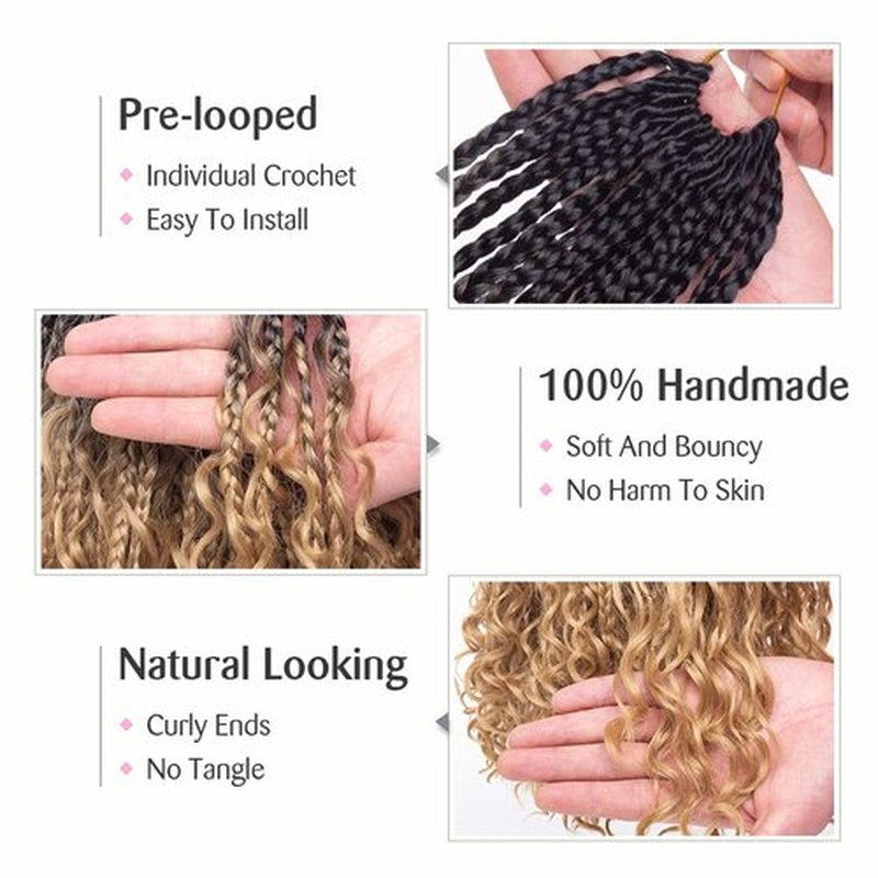 Unionbeauty 14 Inch Boho Box Braids Crochet Hair with Curly Ends Pre-looped 8 PCS Messy Goddess Locs Bohemian Hippie Braids Water Wavy Hair Synthetic Braiding Hair Extension for Black Woman 1B/27#