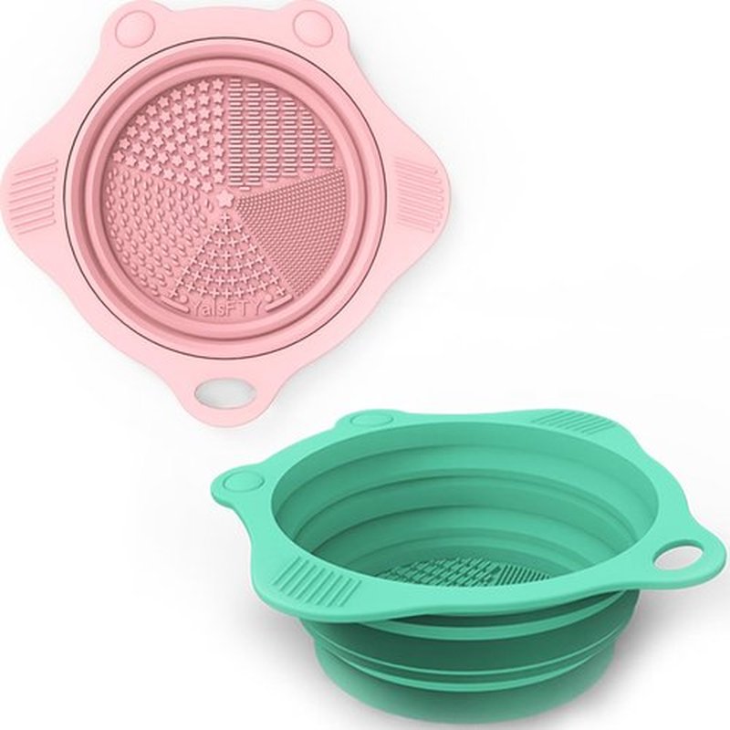 2PC Foldable Silicone Makeup Brush Cleaner Pad Bowls, YalsFTY Portable Mat Scrubber Cleaning Tool for Makeup Brushes (Pink and Green)