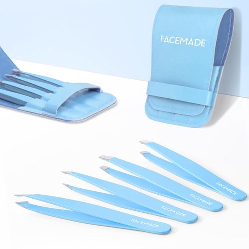 FACEMADE 4 Pack Tweezers Set - Professional Stainless Steel Tweezers for Men and Women, Precision Eyebrow Tweezers for Facial Hair, Chin, and Ingrown Hair Removal (Blue)