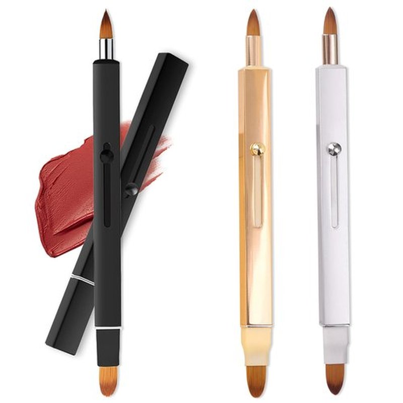 3 Pack Lip Brush for Lipstick Makeup Brushes Double-Ended Retractable Lip Brush with Cap Dustproof Lipstick Brush for Lipstick Gloss Creams Portable with Cap(Black + Gold + Silver)