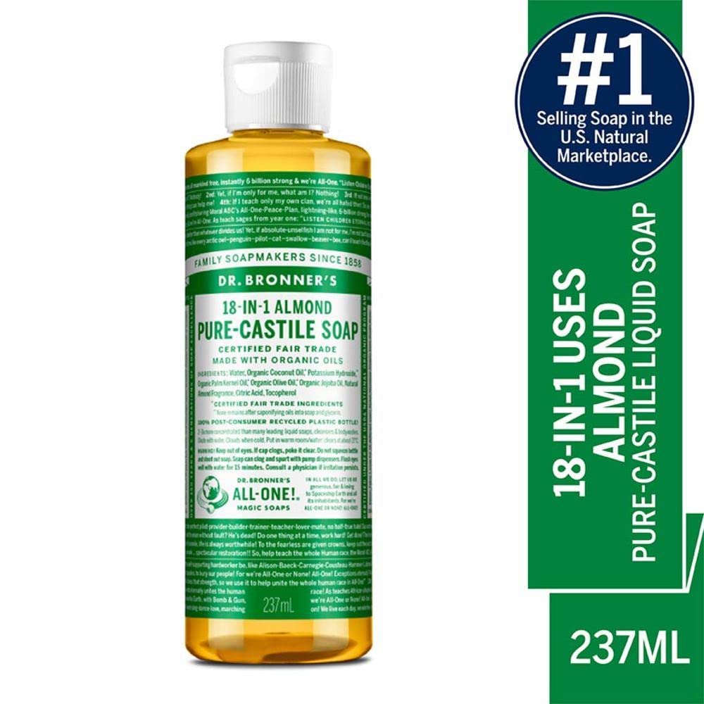 Dr. Bronner's - Pure-Castile Liquid Soap (Almond, 32 ounce) - Made with Organic Oils, 18-in-1 Uses: Face, Body, Hair, Laundry, Pets and Dishes, Concentrated, Vegan, Non-GMO