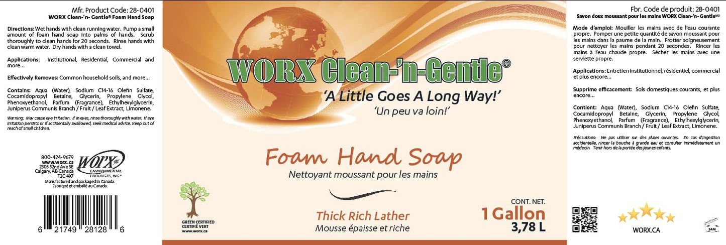 Worx Clean-'n'-Gentle Foam Hand Soap 1 gal. (3.78 L.) for use in Industrial, Commercial and Residential applications.