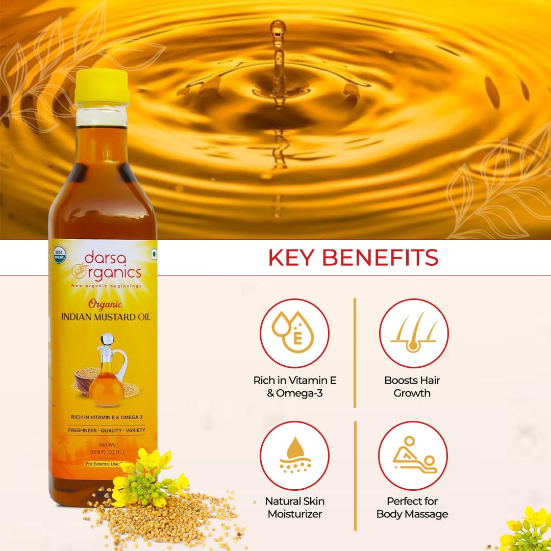 Darsa Organics Mustard Oil for Hair Growth, Skin and Massage, 33.8 oz (1000ml), USDA Organic Cold Pressed Mustard Seed Oil, Pure and Unrefined, Rich in Vitamin E and Omega 3