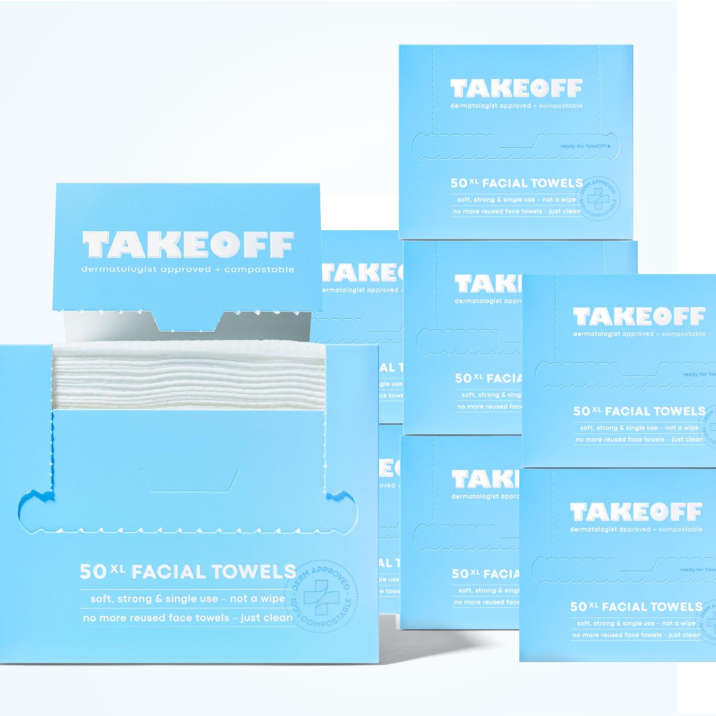 Takeoff Face Towels, 10"×12" XL Face Disposable + Compostable, Ultra Soft Makeup Remover Dry Wipes, Thick Face Towel w/Dual Texture For All Skin Types incl. Sensitive, 50 Count x 8 Pack (400 total)