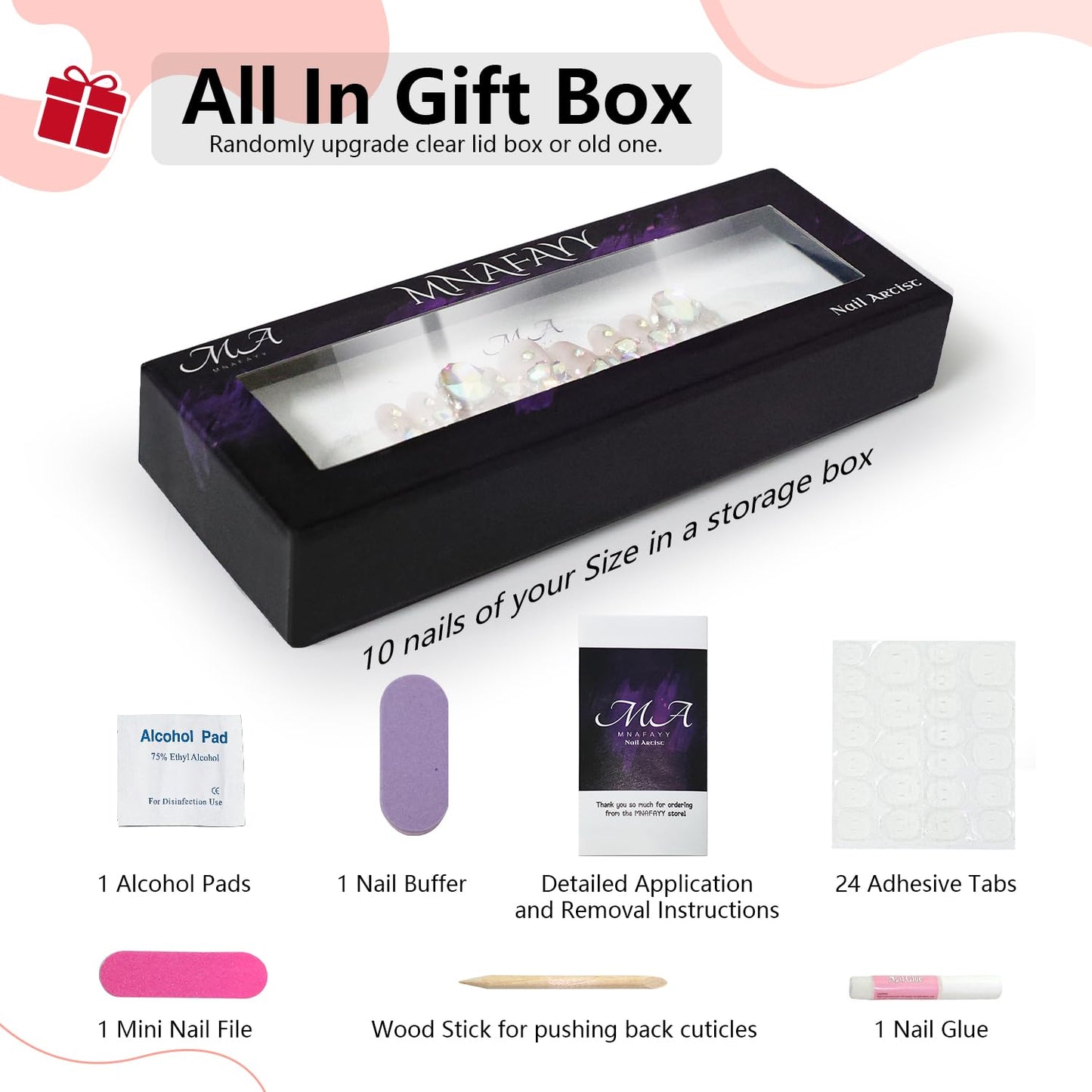 MNAFAYY 100% Handmade Nails 3D Rhinestone Crystal Extra Long Press On Nails Full Cover Luxury Gems Gorgeous Reusable UV Finished Fake False Nails Acrylic Nail Kit With Box Gifts for Women Black M