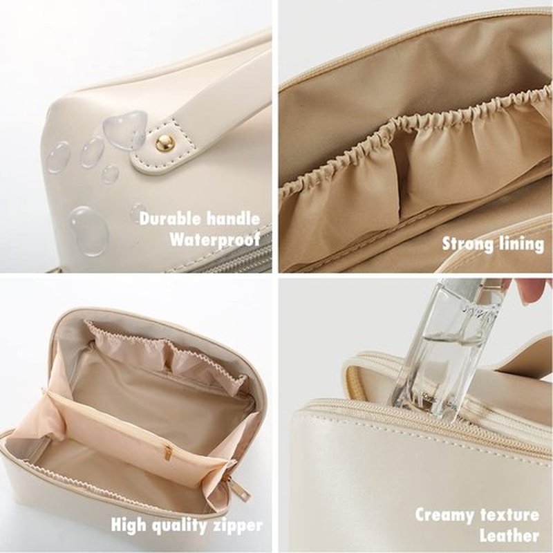 MINGRI Large Capacity Travel Cosmetic Bag for Women,Portable PU Leather Makeup Bag Water Resistant,Flat Open Multifunctional Storage Travel Toiletry Bag with Divider and Handle(White)
