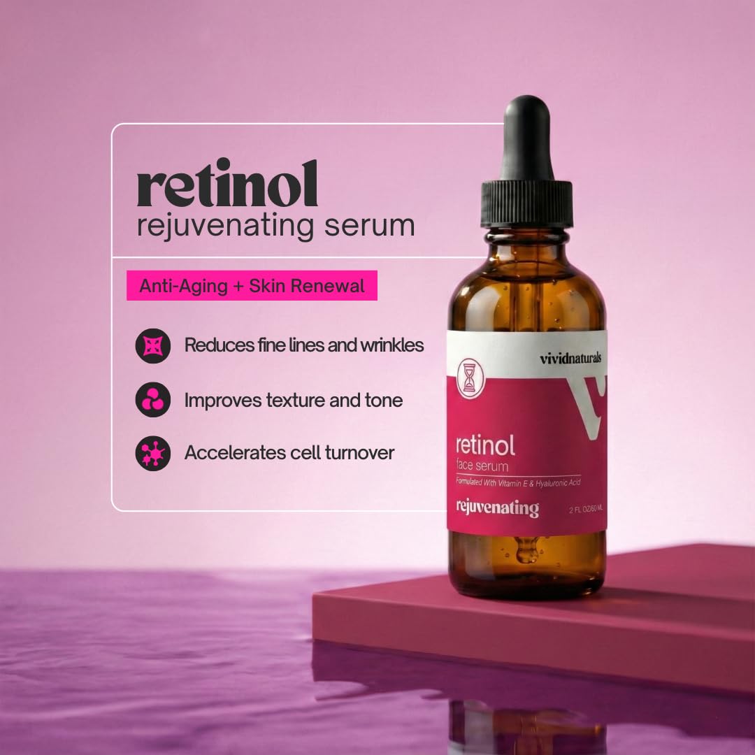 Vivid Naturals Retinol Serum for Face Made in USA 60ml - Retinol Face Anti Aging Serum with Vitamin E Hyaluronic Acid Anti Wrinkle Night Serums for Skin Care Facial Serums for Aging Skin