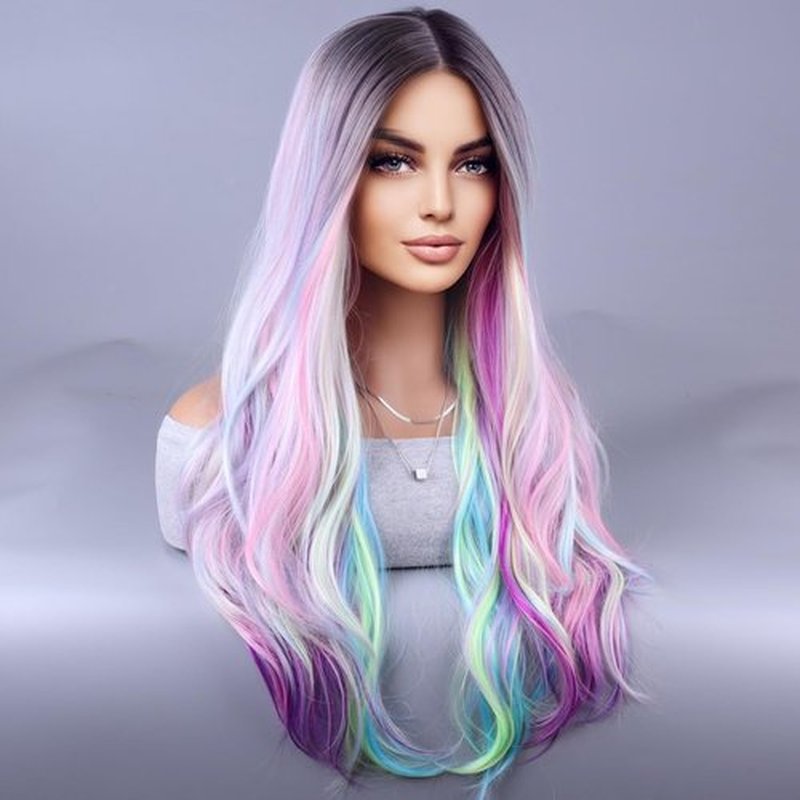 MAGQOO Rainbow Wig for Women Ombre Rainbow Wig Long Curly Wavy Multicolor Colorful Wigs Dark Roots Two Tones Synthetic Heat Resistant