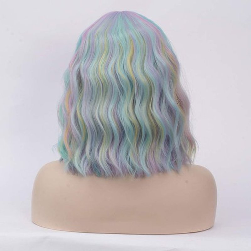 BUFASHION 14" Women Short Wavy Curly Wig Rainbow Bob Wig Cosplay Halloween Synthetic Wigs With Neat Bang Wig With Free Wig Cap (Rainbow 1)