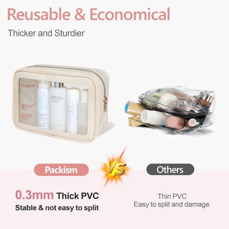 PACKISM TSA Approved Toiletry Bag - Amazing Color-Edged Clear Makeup Bag, 3 Pack in Spacious Space, Reusable Clear Toiletry Bags with Great Value, Beige