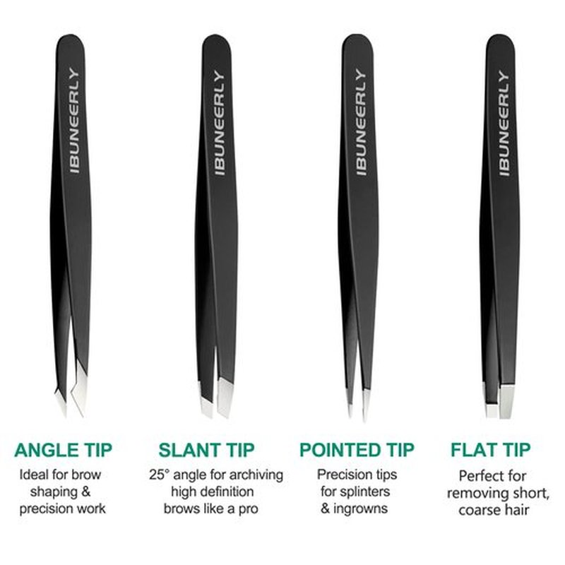 iBuneerly Tweezers Set, 4Pcs Tweezers for Women with Travel Case, Professional Stainless Steel Eyebrows Tweezers, Great Precision Tweezers for Ingrown Hair, Facial Hair, Splinter Removal (Black)
