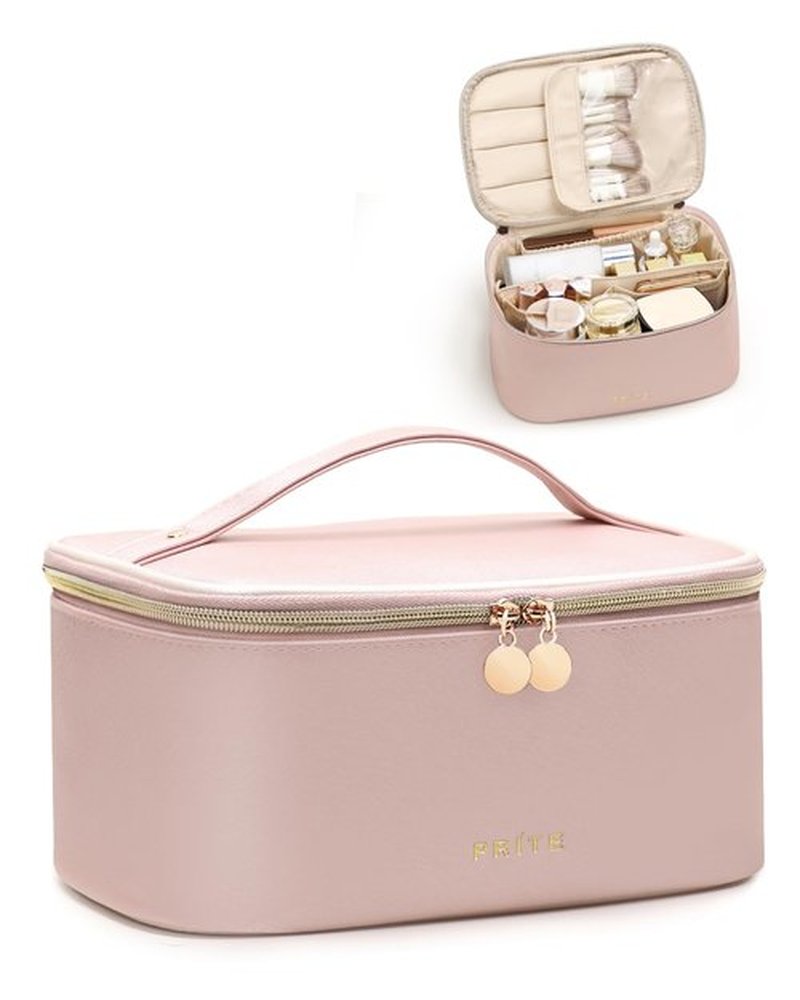 Prite Makeup Bag, Large Capacity Portable Travel Cosmetic Bag, Waterproof Makeup Organizer for Women with Handle and Divider(Pearl Pink)