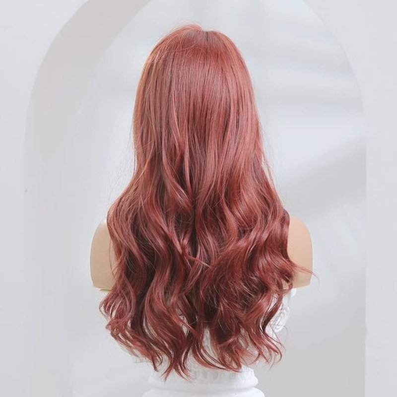 ISHINE Long Wavy Wigs, Burgundy Red Curly Wigs for Women, Natural Looking Synthetic Wig with Bangs, Hair Replacement Wigs for Daily Cosplay Party Halloween Costume 24 inch