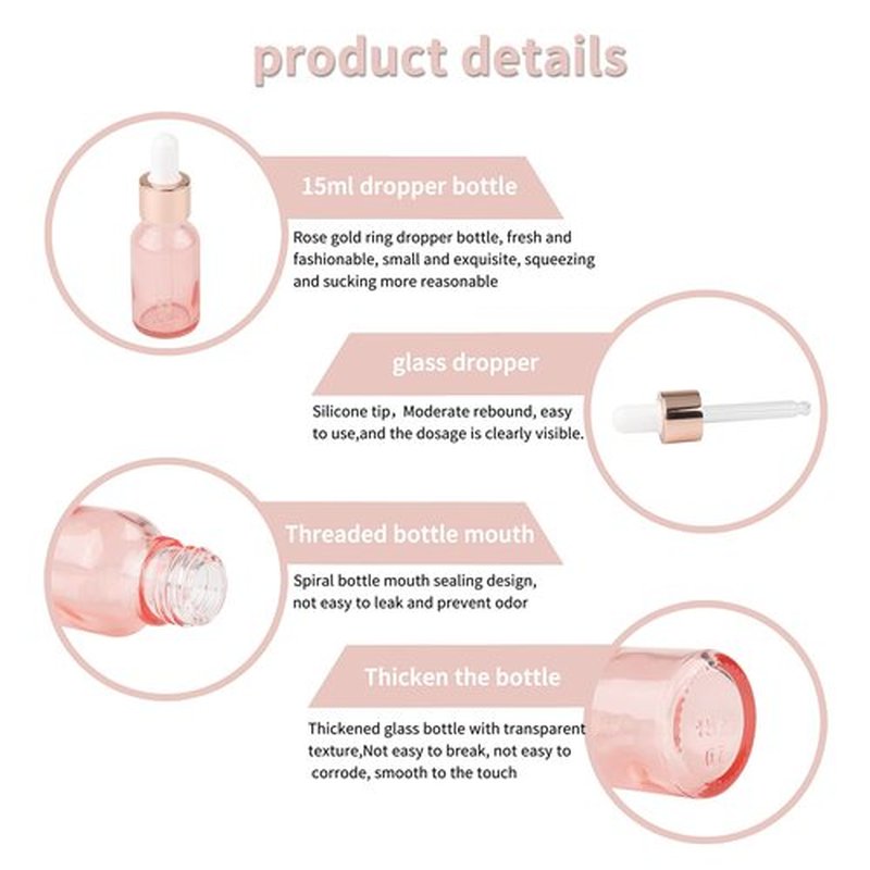 Kesell 8 Pack 15ml Pink Dropper Bottles, 1/2 oz Empty Refillable Glass Sample Vials for Essential Oils DIY Perfume Small Travel Container, With Rose-Gold Cap And 2 Funnels