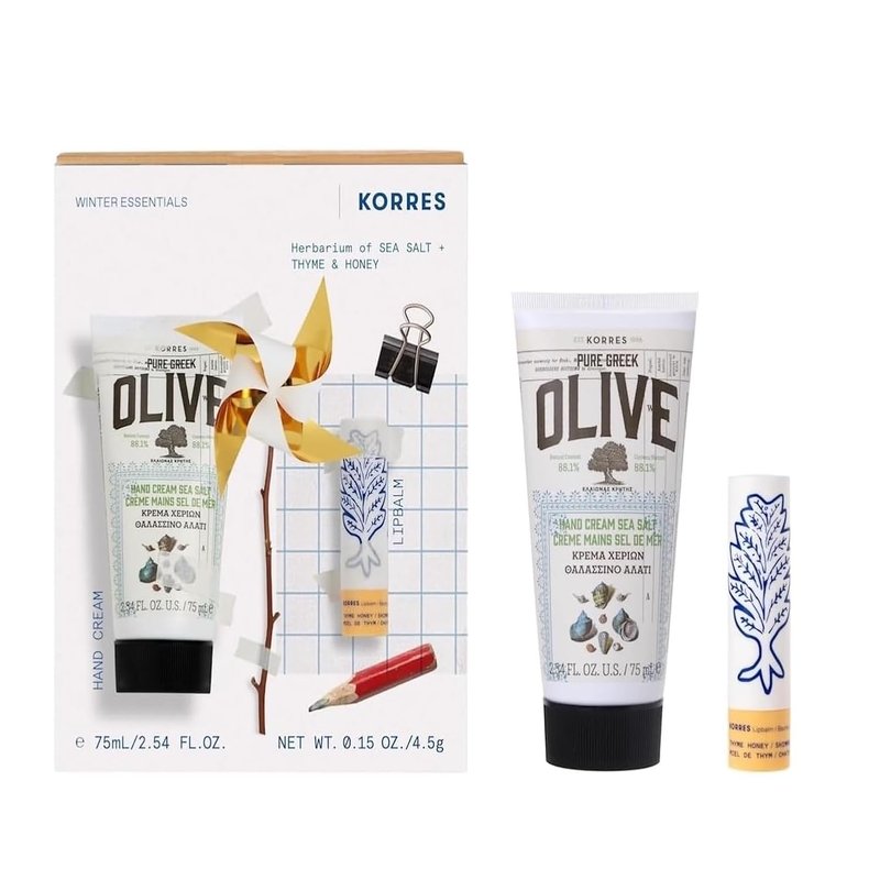 KORRES Moisturizing Botanical Duo - Hand & Lip Care Set | Olive Sea Salt Cream & Thyme Honey Balm