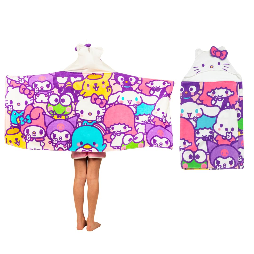 Hello Kitty & Friends Kids Super Soft Bath/Pool/Beach Soft Cotton Terry Hooded Towel Wrap, 24 in x 50 in, (Officially Licensed Product) By Franco