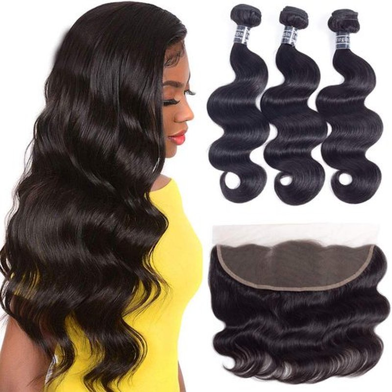 Amella Hair 10A Brazilian Body Wave Frontal(18" 20" 22"+16"13x4 Frontal) 3 Bundles with Frontal Ear to Ear Lace Frontal Closure Free Part with Bundles Brazilian Body Wave Frontal Natural Black Color
