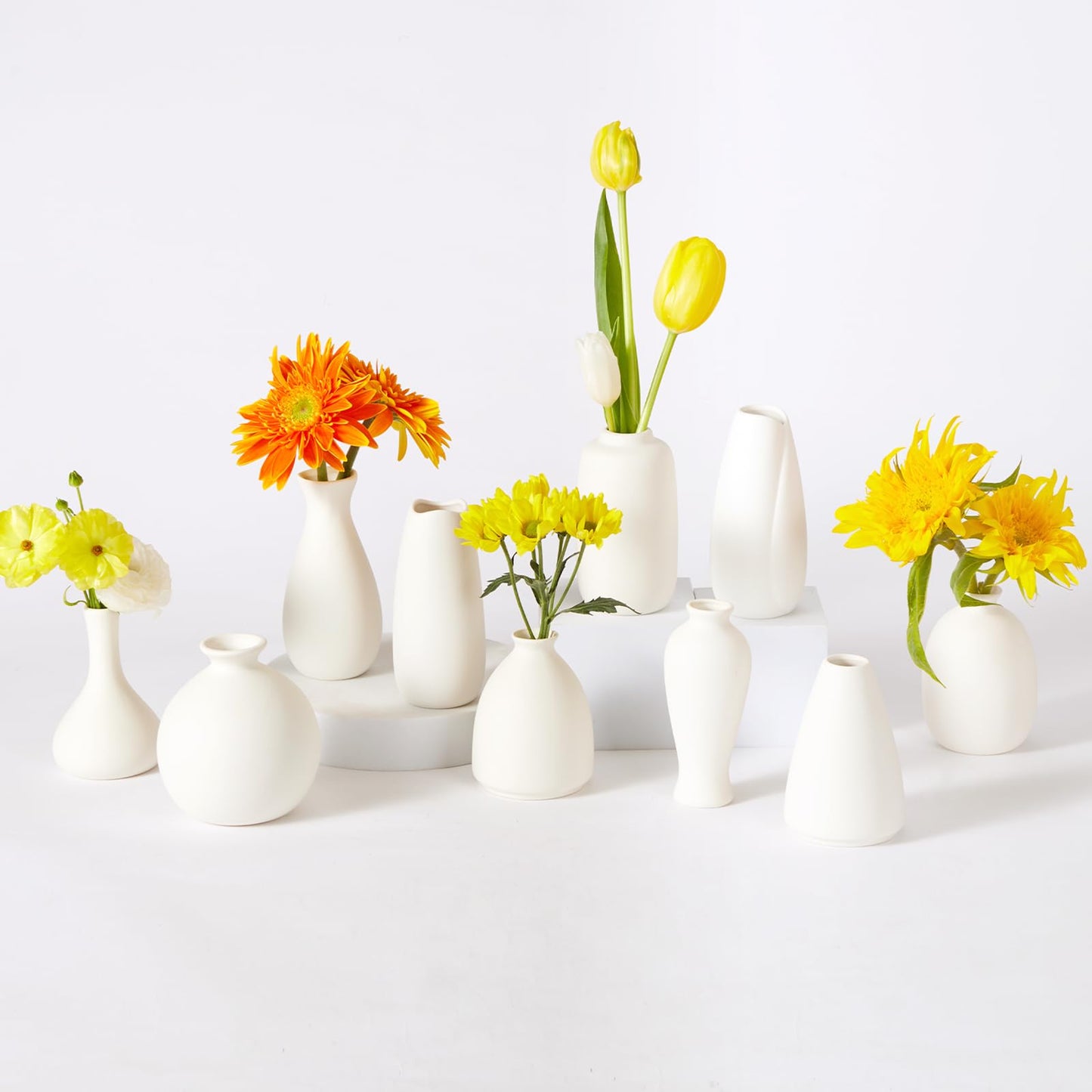 10pc Ceramic Bud Vases Set - 2-3 Inch White Small Vases Collection for Flowers | Boho & Modern Ceramic Vase Set for Table Décor, Wedding, Cute Vase Home Decor
