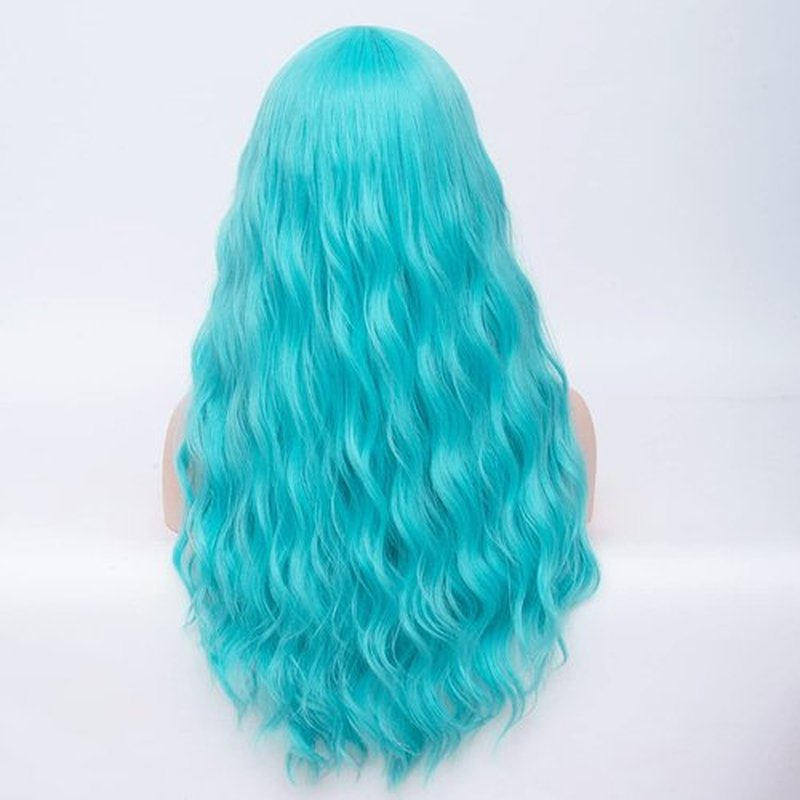 PATTNIUM Sky Blue Wig Long Curly Wig Light Blue Wig with Bangs Wavy Teal Blue Wig Women Girls Synthetic Wig Cosplay Party Costume Wig (Sky Blue)