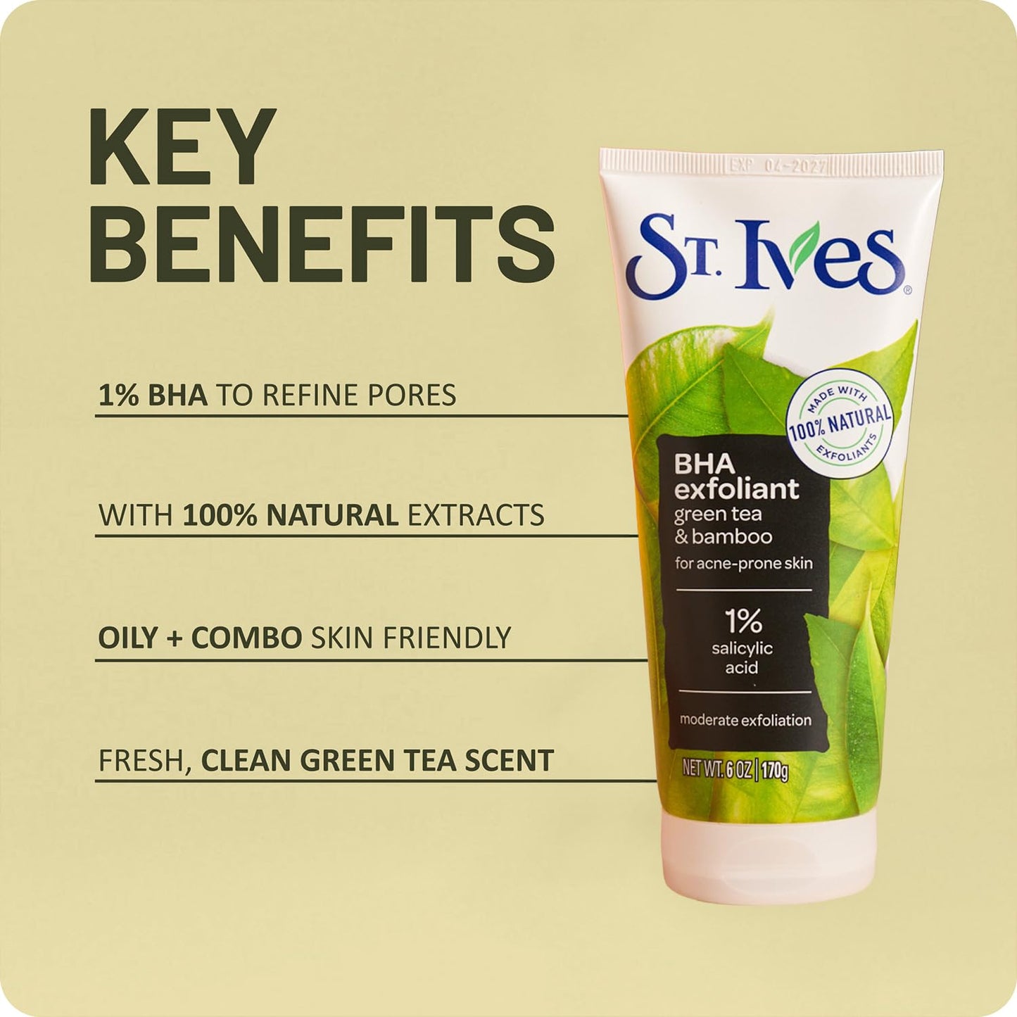 St. Ives Facial Scrub, BHA Green Tea & Bamboo with 1% Salicylic Acid for Acne-Prone Skin, 6 Oz