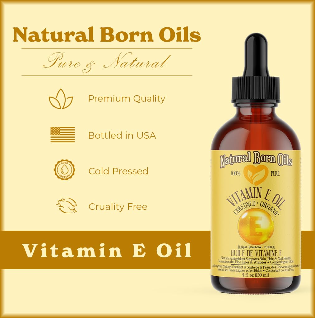 Natural Born Oils Natural Vitamin E Oil, 8oz, Organic, Cold-Pressed, Rich in Alpha-Tocopherol, Ideal for Moisturizing Skin, Strengthening Hair