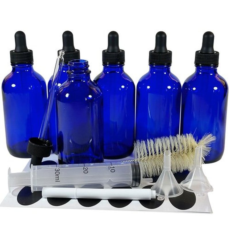 PIPIBA 6Pack 4oz (120ml) Round Drip Tip Glass Eye Droppers. Essential Oil Glass Bottle. For Lab Bottles (Blue)