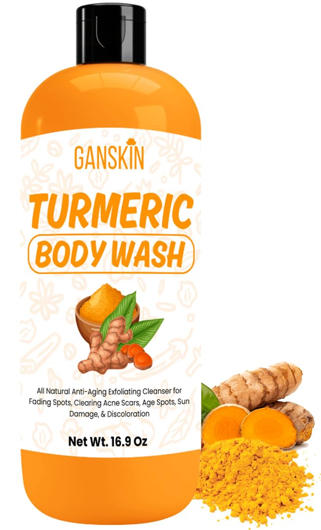 Ganskin Turmeric Body Wash – Skin Brightening Liquid Soap for Discoloration – Natural Anti Aging Exfoliating Turmeric Body Wash for Spots, Acne, Sun Damage – Bath Soap Skincare