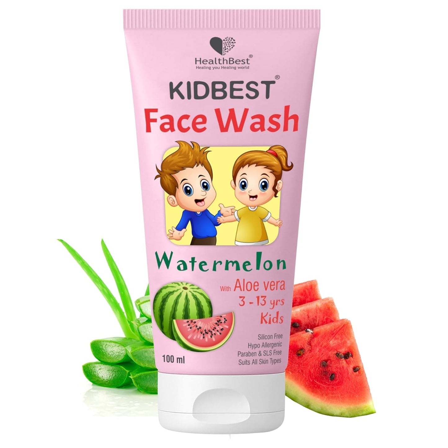 HealthBest Kids Tear-Free Daily Face Wash – Multivitamin-Enriched Skincare with Organic Watermelon – Safe, Gentle, and Fun for Sensitive Skin | Skincare for Kids| Trusted by Parents | 100ml,Pack of 1