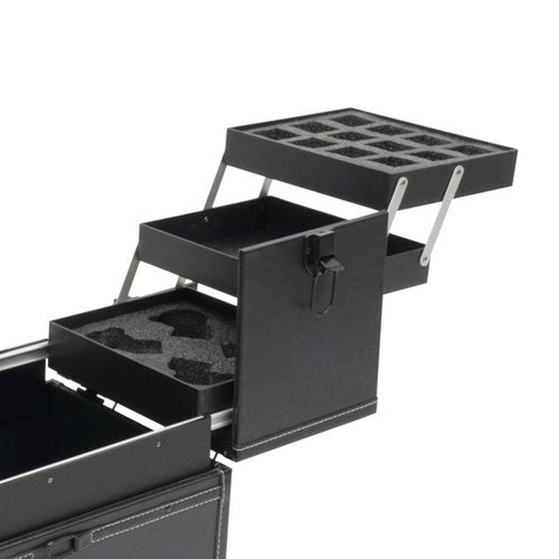 PalaUha Rolling Makeup Train Case Professional Cosmetic Organizer Trolley with Drawers Compartment Nail Case Wheeled Manicure Pedicure Storage Case for Hair Stylists Makeup Artists (Black A)