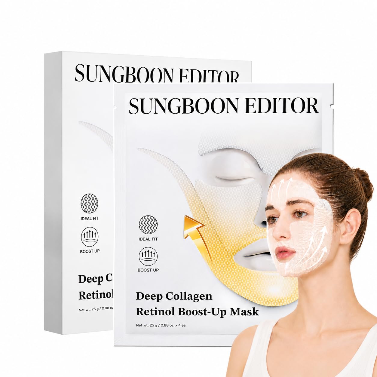 SUNGBOON EDITOR Deep Collagen Retinol V-Line Lift Up Mask, Full Face & Neck Lifting Sheet Mask with Volufiline, Firm-Looking, Tightening & Jawline Contouring, Korean Skincare, 4 Count