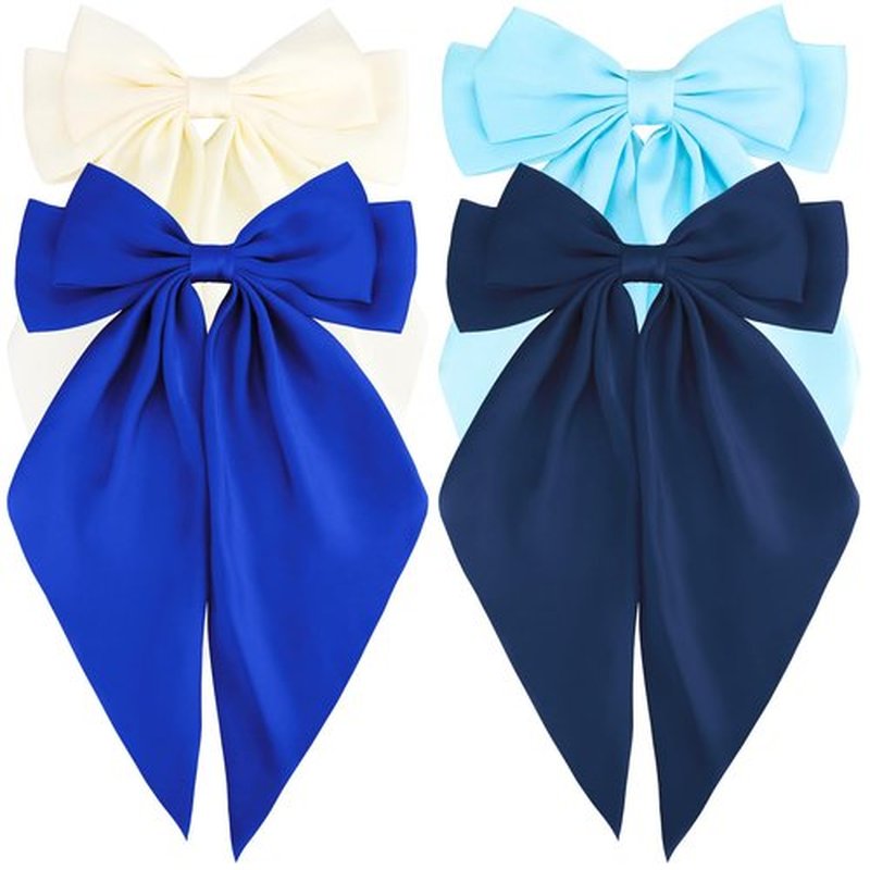 Atoden Blue Hair Bows Silky Satin Bows for Hair Ribbons 4Pcs Coquette Oversized Long Tail Hair Bow Clips Barrettes Big Bowknot Hair Accessories for Women Girl Trendy Stuff Gifts (Beige, Blue)