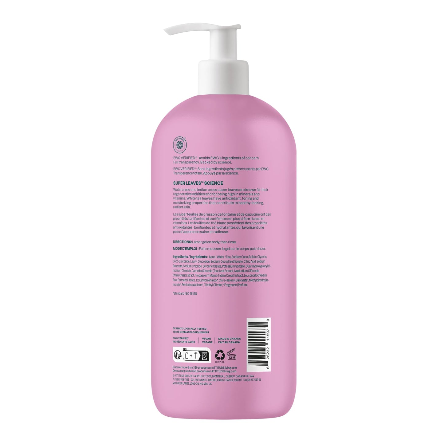 ATTITUDE Body Wash, EWG Verified Shower Gel, Dermatologically Tested, Plant and Mineral-Based, Vegan Personal Care Products, White Tea Leaves, 32 Fl Oz (Pack of 6)