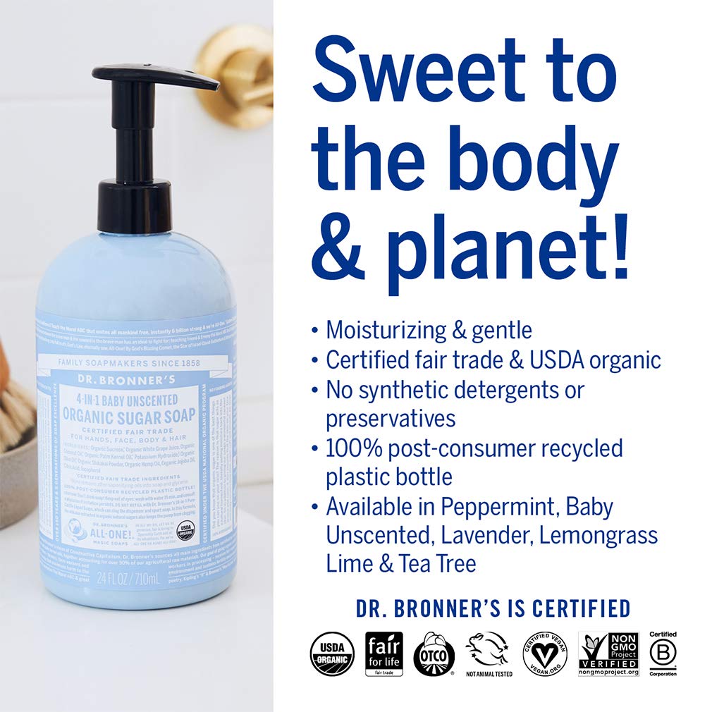 Dr. Bronner's Organic Sugar Soap (Baby Unscented, 24 Ounce) - Made with Regenerative Certified Organic Oils, Sugar & Shikakai Powder, 4-in-1 Use: Hands, Body, Face and Hair- Liquid Soap, Nourishes