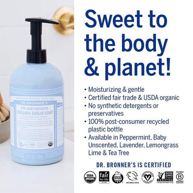 Dr. Bronner’s - Organic Sugar Soap (Baby Unscented, 64 Ounce) - Made with Organic Oils, Sugar and Shikakai Powder, 4-in-1 Use: Hands, Body, Face and Hair, Moisturizes and Nourishes, No Added Fragrance
