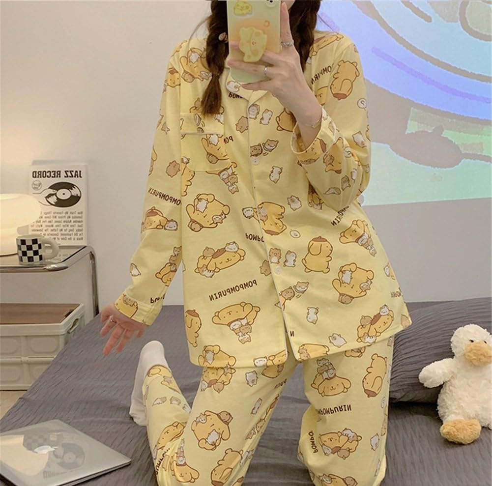 WANHONGYUE Cartoon Printed Pajamas for Women Girls Long Sleeve Shirt with Pj Pants Sleepwear Home Wear 2 Piece Pajama Sets Yellow M
